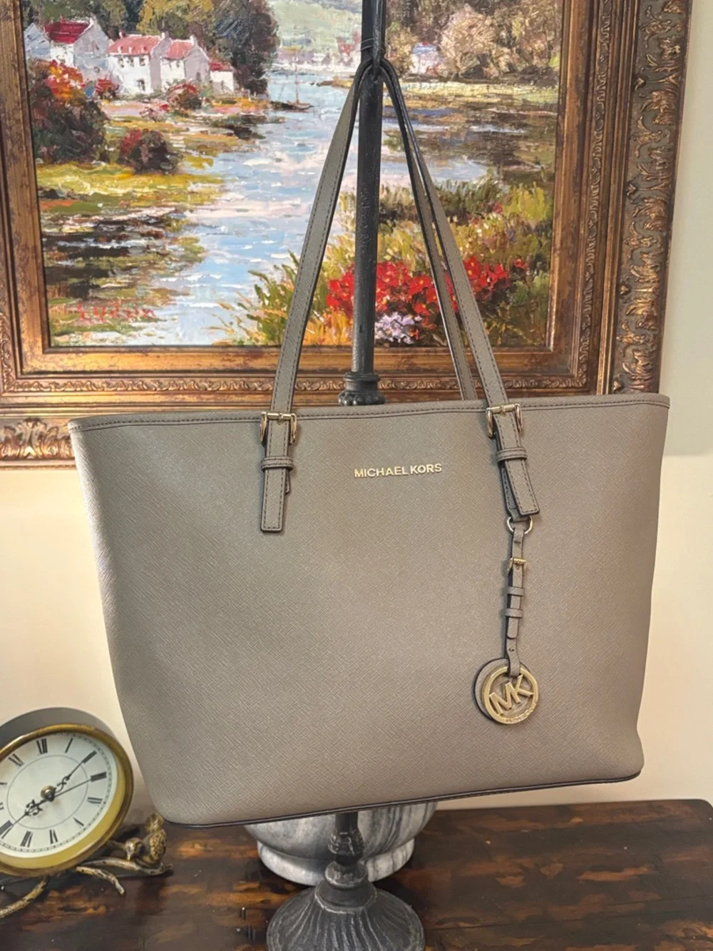 Michael Kors Taupe Saffiano Tote with MK Charm